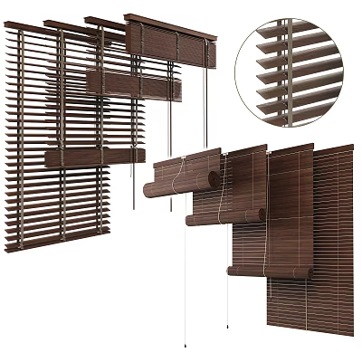 Wooden Venetian Blinds In Brown With Adjustable Slats And Detail View 3d model