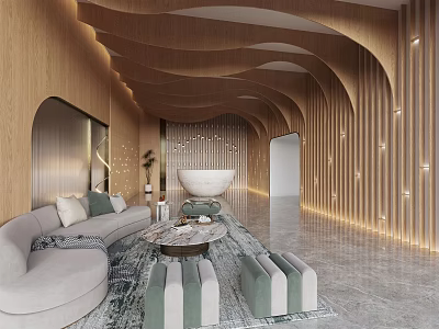 Modern Hotel Lobby Featuring Wooden Curved Ceiling Sofa Coffee Table Soft Rug And Warm Lighting 3d model
