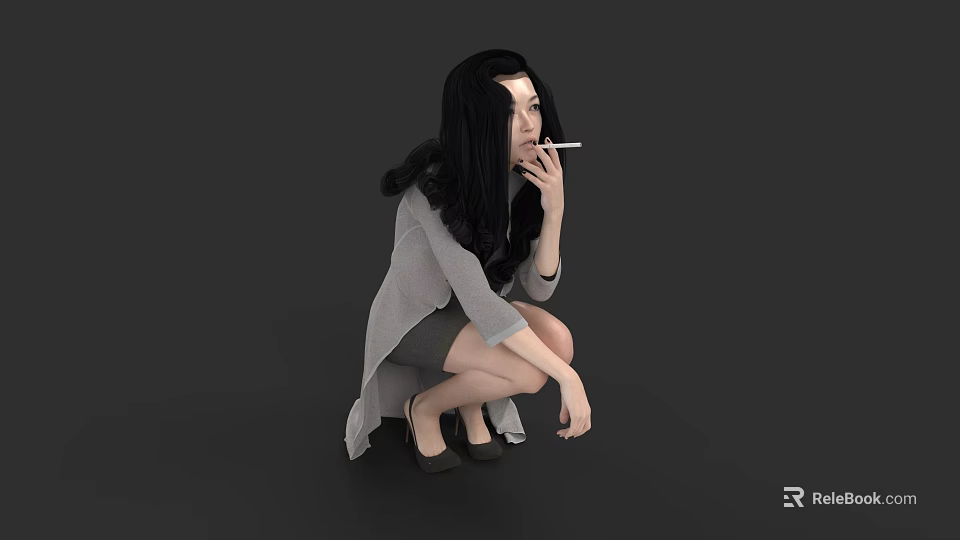 Woman With Long Black Hair Squatting Holding Cigarette In Gray Top And Skirt 3d model 