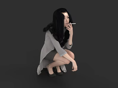 Woman With Long Black Hair Squatting Holding Cigarette In Gray Top And Skirt 3d model