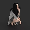 Woman With Long Black Hair Squatting Holding Cigarette In Gray Top And Skirt
