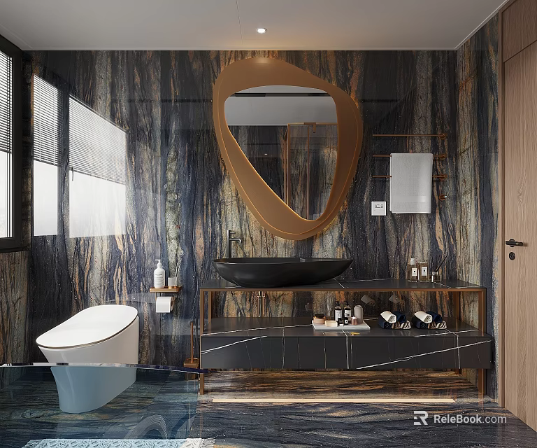 Modern Bathroom With Marble Textured Walls Unique Mirror And Black Sink 3d model 