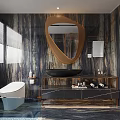 Modern Bathroom With Marble Textured Walls Unique Mirror And Black Sink