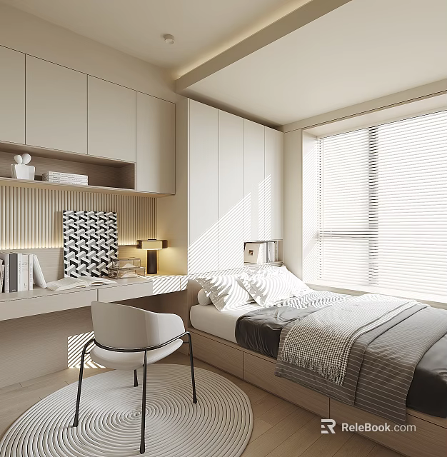 Modern Tatami Bedroom With White Cabinets Desk Chair And Window Blinds 3d model 