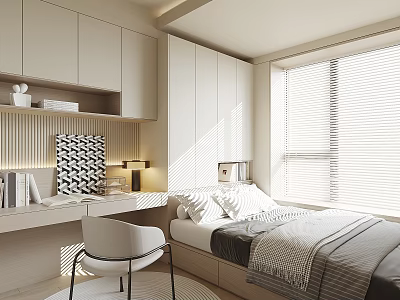 Modern Tatami Bedroom With White Cabinets Desk Chair And Window Blinds 3d model