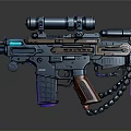 Futuristic Sci Fi Weapon With Glowing Blue Purple Accents Metallic Scope And Chain