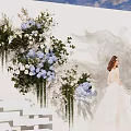 Wedding Photo Check in Spot With White Backdrop Floral Decor Gray Gauze And Step Seats