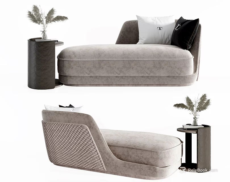 Modern Upholstered Chaise Lounge In Beige With Side Table And Throw Pillows 3d model 