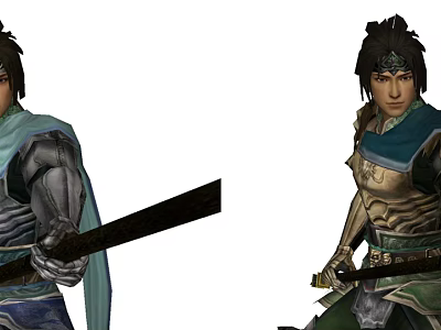 Ancient Armored Game Movie Warrior Character Wielding Sword Wearing Blue Cape And Traditional Headgear 3d model