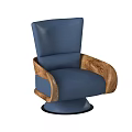 Modern Blue Leather Accent Chair With Wooden Arms And Round Swivel Base