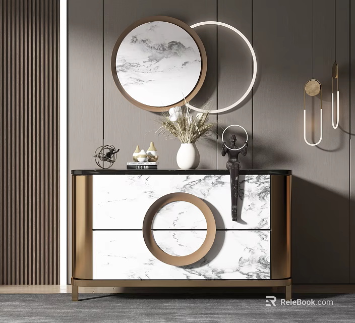 Elegant Modern Console Table With Marble Surface Gold Frame And Decorative Mirror Wall Decor 3d model