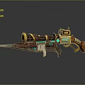 Futuristic Retro Blaster Weapon With Blade Blue Glowing Accents Wooden Grip And Metallic Parts