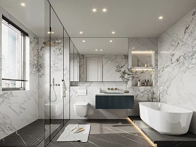 Elegant Modern Bathroom Interior With Marble Walls Glass Shower And White Bathtub 3d model