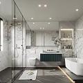 Elegant Modern Bathroom Interior With Marble Walls Glass Shower And White Bathtub