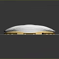 Architectural View Of Modern Football Stadium With White Exterior Green Pitch And Blue Seats