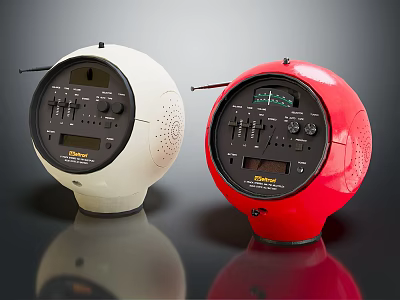 White and Red Spherical Audio Speakers With Control Knobs And Display Screens 3d model