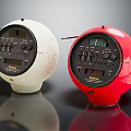 White and Red Spherical Audio Speakers With Control Knobs And Display Screens