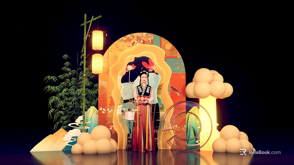 Traditional Chinese Photo Spot With Woman In Traditional Costume Lanterns Bamboo And Cloud Decorations 3d model 