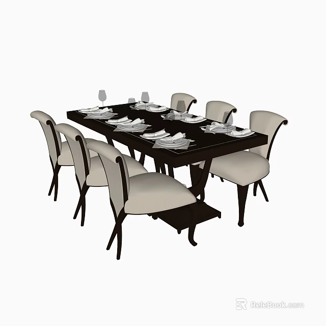 Elegant Dining Table Set With Six Light Upholstered Chairs And Place Settings 3d model