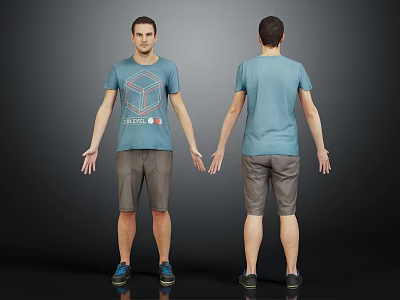 Man In Blue T Shirt With Freedom Gray Shorts And Blue Shoes Front Back Views 3d model