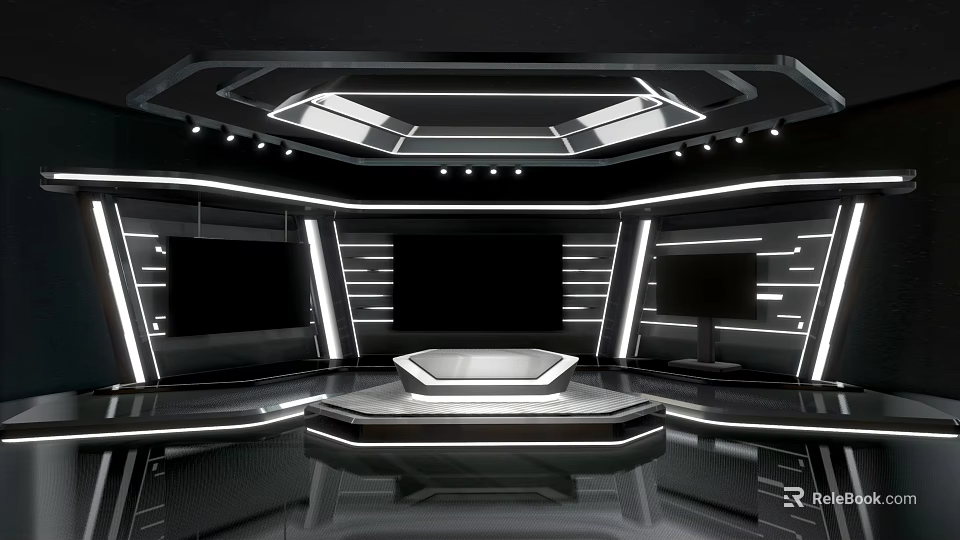 Modern Black And White Studio Interior Design With Central Platform Large Screens And Strip Lights 3d model 