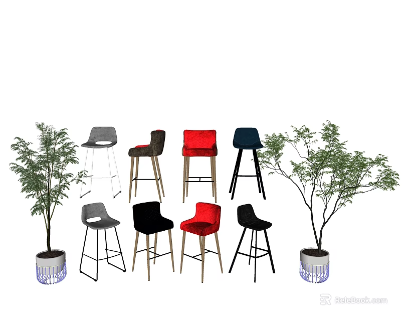 Stylish Modern Bar Stools in Multiple Colors with Green Potted Plants 3d model