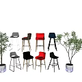 Stylish Modern Bar Stools in Multiple Colors with Green Potted Plants 3d model