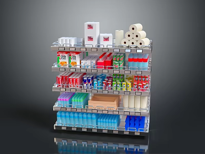 Retail Display Shelving Unit with Toilet Paper Rolls Beverage Bottles and Personal Care Products 3d model