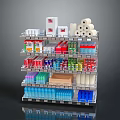 Retail Display Shelving Unit with Toilet Paper Rolls Beverage Bottles and Personal Care Products