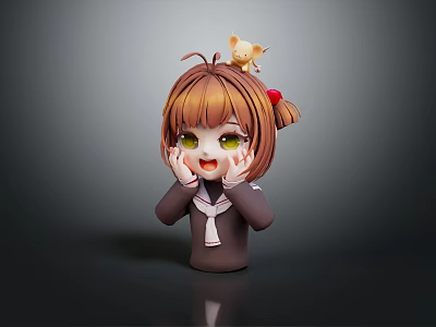 Cute Anime Game Character With Brown Short Hair Small Animal On Head And Blushing Cheeks 3d model