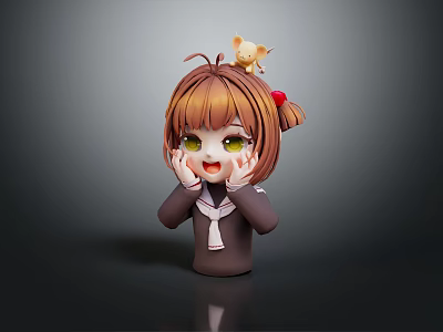 Cute Anime Game Character With Brown Short Hair Small Animal On Head And Blushing Cheeks 3d model
