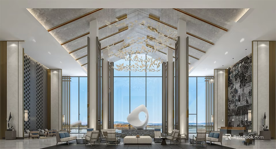 Spacious Modern Hotel Lobby With Large Windows Chandelier Columns Sofa Chairs And Sculpture 3d model 