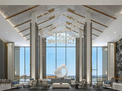Spacious Modern Hotel Lobby With Large Windows Chandelier Columns Sofa Chairs And Sculpture 3d model