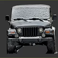 Vintage Green Jeep With Snow Covered Roof And Brown Soft Top