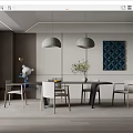 Modern Dining Room Interior with Table Chairs Gray Pendant Lights Blue Geometric Art and Plants