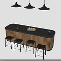 Elegant Modern Bar Counter With Black Top Wooden Sides Four Stools And Three Pendant Lights
