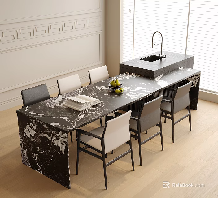 Modern Table and Chair Set With Long Marble Countertop Black White Chairs Books and Fruits 3d model 