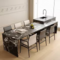 Modern Table and Chair Set With Long Marble Countertop Black White Chairs Books and Fruits