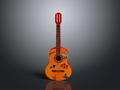 Vibrant Orange Guitar With Decorative Stickers For Household Decor 3d model