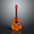 Vibrant Orange Guitar With Decorative Stickers For Household Decor