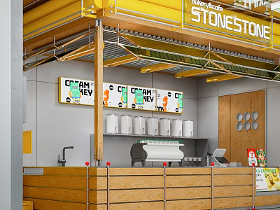 Stonestone Milk Tea Shop Interior With Creamy Tea Banners Wooden Counter And White Appliances 3d model
