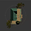 Colorful Cartoon Fairy Tale House With Multi Story Green Roof Tower Windows And Surrounding Trees