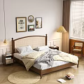Cozy Double Bed with Upholstered Headboard Wooden Frame Decorative Paintings Floor Lamp Nightstand and Venetian Blinds