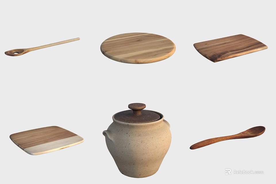 Ceramic Jar With Lid And Wooden Spoons Platters On Kitchen Table Setting 3d model 