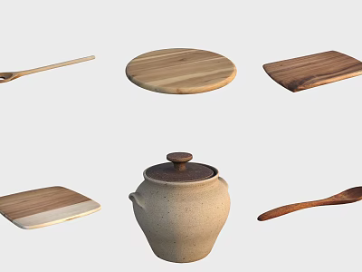Ceramic Jar With Lid And Wooden Spoons Platters On Kitchen Table Setting 3d model