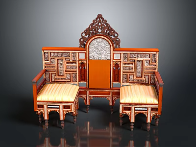 Traditional Wooden Furniture Set With Carved Back And Two Striped Cushion Seats 3d model