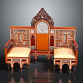 Traditional Wooden Furniture Set With Carved Back And Two Striped Cushion Seats