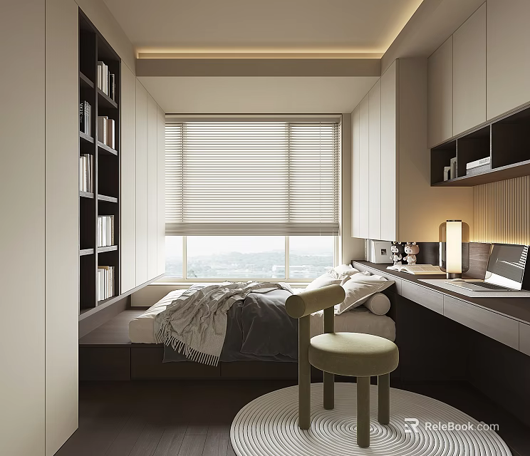 Modern Tatami Bedroom with Bookshelf Window Blinds Desk Chair and City View 3d model 