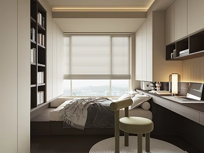 Modern Tatami Bedroom with Bookshelf Window Blinds Desk Chair and City View 3d model
