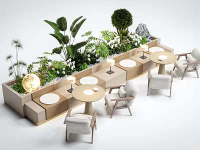 Cozy Natural Banquette Sofa Area With Green Plants Round Tables And Chairs 3d model